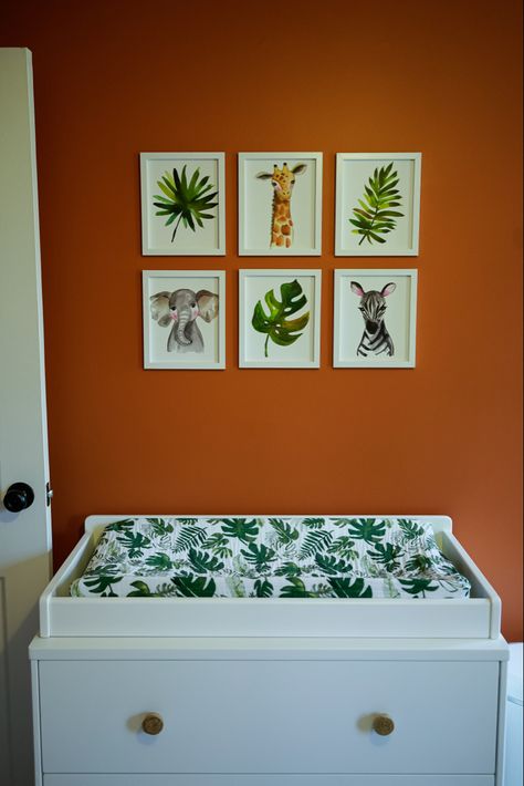 Safari nursery, burnt orange nursery, safari theme, changing table Orange Accent Wall Nursery, Orange Safari Nursery, Orange Wall Nursery, Orange Theme Nursery, Burnt Orange Nursery Gender Neutral, Burnt Orange Nursery Boy, Nursery Ideas Orange, Rust Orange Nursery, Nursery Orange