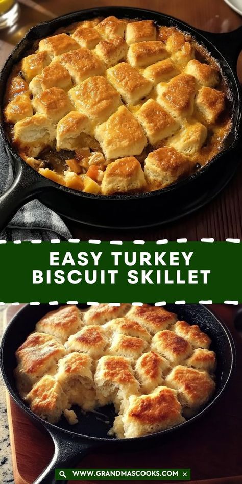 A quick and hearty skillet meal with juicy turkey, tender veggies, and buttery biscuits on top. A satisfying dish for any night of the week! Turkey And Biscuits Recipe, Creamed Turkey Over Biscuits, Turkey Hotdish, Turkey And Biscuits, Turkey Pot Pie With Biscuits, Turkey Biscuits, Creamed Turkey, Baking Powder Biscuits, Juicy Turkey