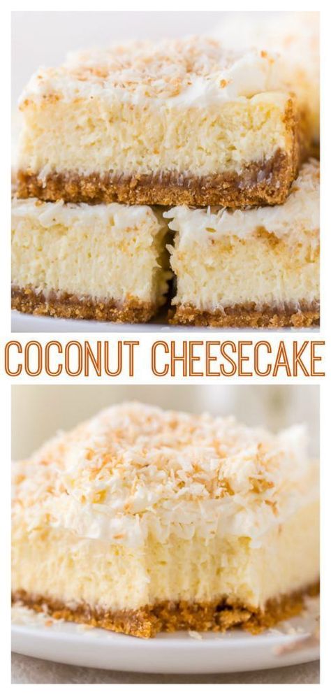 Easy Coconut Cheesecake Bars #coconutcheesecake #cheesecakebars #coconutcheesecakebars #cheesecake #coconut #coconutdessertrecipes Coconut Cheesecake Bars, Cheesecake Coconut, Savory Cakes, Baker By Nature, Coconut Cheesecake, Cheesecake Bar Recipes, Coconut Desserts, Dessert Aux Fruits, Cookies Easy