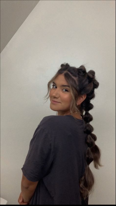 Double bubble braid hairstyle, french braids, hairstyle ideas, hair inspo Bubble Brain Hairstyles, Pig Tail Bubble Braids, French Bubble Braid, Bubble French Braids, Double Bubble Braid, Cute Braided Hairstyles For Kids, Braided Sporty Hairstyles, Double Braid Hairstyles, Buckle Bunnies