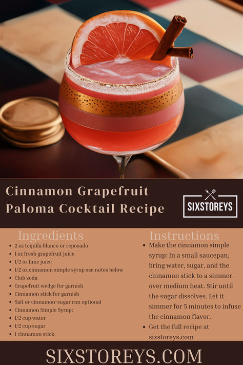 Cinnamon Grapefruit Paloma Cocktail Recipe Fall Paloma Cocktail, Sparkling Paloma, Classic Paloma Cocktail, Paloma Cocktail Tequila Recipe, Paloma Cocktail Tequila, Paloma Cocktail Tequila Grapefruit Soda, Cinnamon Sugar Rim, Cinnamon Simple Syrup, Paloma Recipe