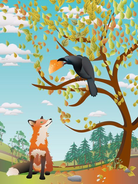 Fox And Crow Story Pictures, Crow Drawing Easy, The Crow Drawing, Bonfire Night Kids, Crow Story, Fox And Crow, The Fox And The Crow, World Environment Day Posters, Crow Illustration