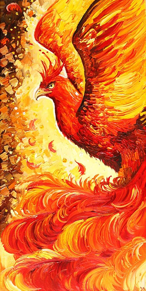 Original oil painting on stretched canvas 100% handmade with a phoenix fire bird. The phoenix is a mythical bird with orange–red, golden or fiery plumage, which in most myths and legends has the ability to die in fire and be reborn from the ashes. The phoenix symbolizes immortality and the beginning of a new life. The painting is painted with thick, bold, textural strokes. Bright, juicy, textured painting. #phoenix #phoenixart #phoenixpainting #phoenixoilpainting #phoenixartwork #oilpainting Phoenix Canvas Painting, Phoenix Bird Painting, Phoenix Oil Painting, Phoenix Paintings, Phoenix Painting Acrylic, Golden Art Painting, Phoenix Fire Bird, Phoenix Painting, Phoenix Drawing