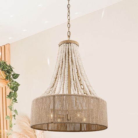 4-Light Bohemian Beige Jute Woven Wood Beaded Chandelier Hanging Pendant Light - Bed Bath & Beyond - 41377551 Lowes Chandelier, Draped Wood Bead Chandelier, Nursery Chandelier, Glam Chandelier, Moroccan Wicker Chandelier, Beach House Lighting, Boho Chandelier, Open Weave Rattan Chandelier, Rattan Chandelier