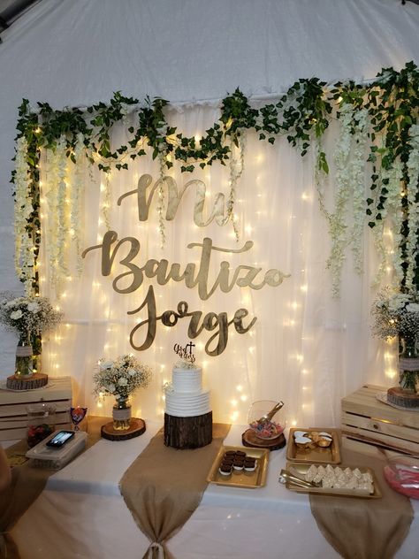 Diy Bautizo Decorations, Boy And Girl Baptism Decorations, Simple Baptism Decor, Baptismal Decorations Girl Backdrop, Simple Bautizo Decorations, Communion Backdrop Ideas, Sage Green Baptism Decor, Green Bautizo, First Communion Decorations Backdrop