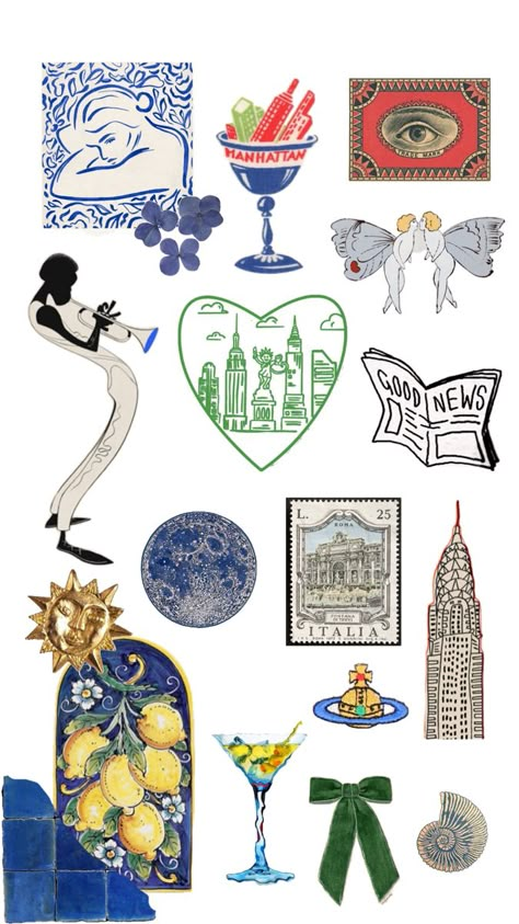 jazz, new york, manhattan, martini, vivienne westwood, ribbons, postcards Cute Phone Cases Stickers, Journal Prints Aesthetic, New York Aesthetic Drawing, Vivienne Westwood Sticker, Jazz New York, Postcards Aesthetic, Postcard Wallpaper, New York Drawings, New York Scrapbooking