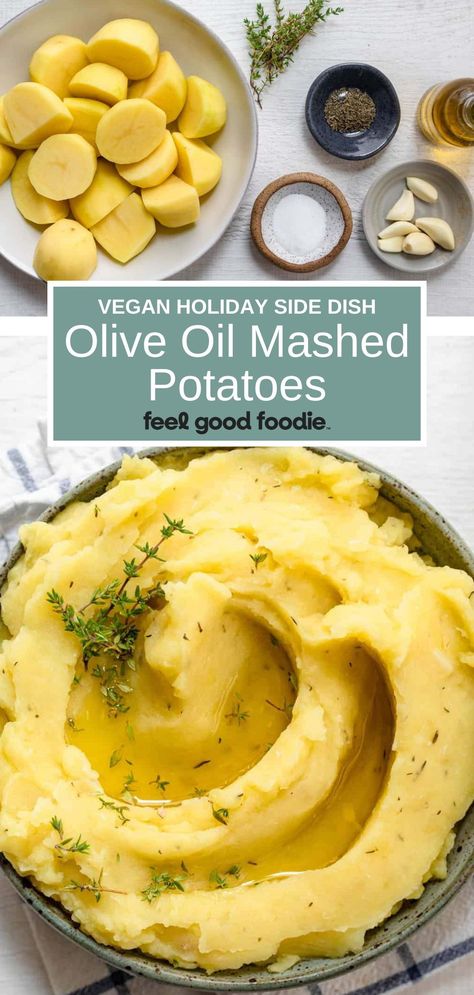 If you are looking for a tasty and vegan side dish, look no further than these delicious olive oil mashed potatoes. These homemade potatoes are so easy and quick to make and can be made ahead of time too, perfect if you are planning to serve them for Thanksgiving or the holidays. Easy Healthy Mashed Potatoes, Olive Oil Potatoes, No Butter Mashed Potatoes, Vegetarian Mashed Potatoes, Mashed Potatoes Without Butter, Vegan Mash Potatoes, Mashed Potatoes Recipe Vegan, Creamy Vegan Mashed Potatoes, Mashed Potatoes No Butter