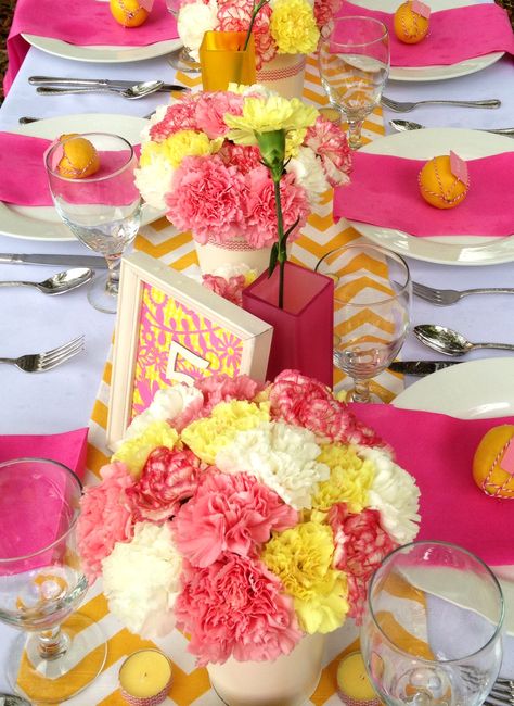 Pink and Yellow Table Scape with @Fleur de Lis Event Consulting  and us! Pink And Yellow Party Ideas, Yellow Pink Party Decorations, Yellow And Pink Centerpieces, Hot Pink And Yellow Party Decorations, Yellow And Pink Party, Yellow And Pink Themed Party, Pink And Yellow Tablescapes, Pink Blue Yellow Table Setting, Pink And Yellow Brunch Decor