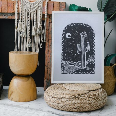 Cactus Linocut, Linoleum Print, 2022 Design, Lino Art, Relief Print, Desert Cactus, Etsy Art, Lino Print, Linocut Prints