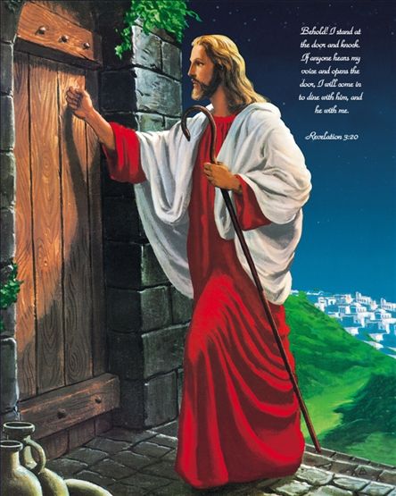 Jesus Knocking at the Door - myDaVinci.com "Behold! I stand at the door and knock. If anyone hears my voice and opens the door, I will come in to dine with him, and he with me."  Revelation 3:20 Jesus Knocking On The Door, Jesus Knocking On Door, Jesus Artwork, Knock On The Door, Pictures Of Jesus Christ, Jesus Painting, Jesus Images, At The Door, Cross Paintings