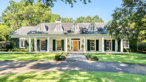 This Timeless Country Beauty Just Hit the Market in Alabama's Capital City Southern Ranch Style Homes, Fireplace Bookcases, Luxe Dining Room, Ornate Fireplace, Covered Back Patio, Montgomery Alabama, Exterior Renovation, Southern Homes, Ranch Style Homes