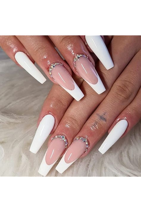 VOTACOS French Tip Press on Nails Long Coffin Fake Nails Nude False Nails with Glitter Rhinestone Design Glossy Full Cover Stick on Nails for Women Fake Nails White, Nagel Tips, Flower Nail Designs, Pink Acrylic, Pink Acrylic Nails, Nail Sizes, False Nail, French Tip Nails, Artificial Nails