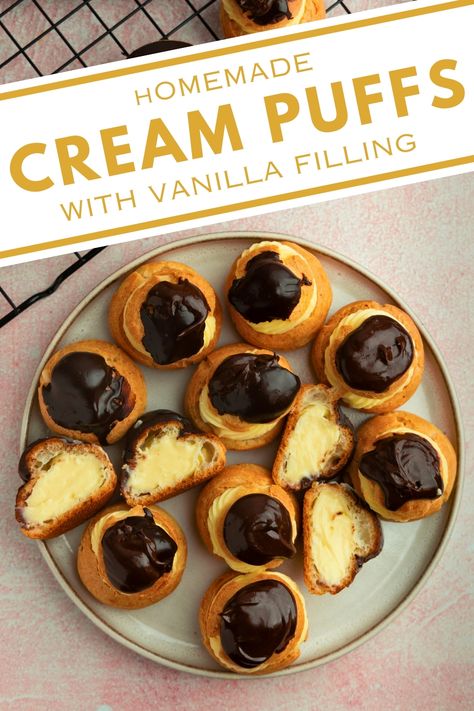 Indulge in heavenly Vanilla Cream Puffs, a delightful dessert made with light and airy choux pastry filled with luscious vanilla pastry cream. This easy recipe guides you through creating these delectable treats with joy. Perfect for any occasion, these cream puffs are a delightful way to satisfy your sweet cravings. Elevate your dessert game with this irresistible vanilla treat! Choux Pastry Recipe Filling, Chocolate Glaze For Cream Puffs, Mini Cream Puffs Recipe Easy, Raspberry Cream Puff, Cream Puffs Recipe Easy, Vanilla Cream Puffs, Mini Cream Puff, Cream Puffs Recipe, Homemade Cream Puffs