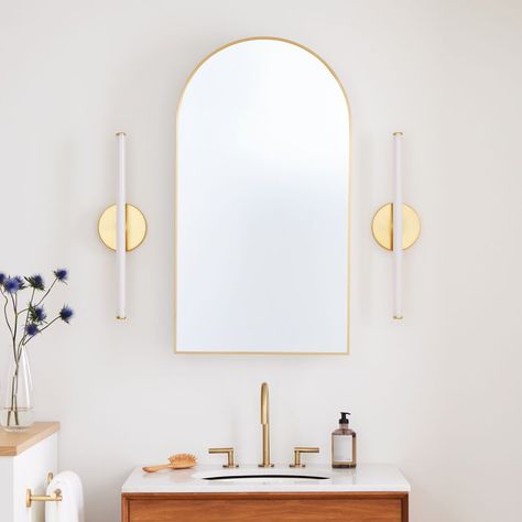 Arched Metal Framed Medicine Cabinet | West Elm Framed Medicine Cabinet, Mid Century Bathroom, Medicine Cabinet Mirror, Bathroom Renos, Bathroom Hardware, Key Details, West Elm, Bathroom Renovation, Bathroom Furniture