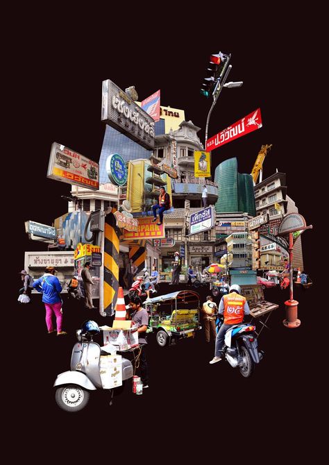 By Thai artist: Pariwat #bangkok #busytown #bangkoktown #town #painting #digitalart #artwork #artdeco #galleryonline #population #thaiart #thaiartists #artist #artonline #artforsale #bangkoklife #buyartonline #decoration Conceptual Collage, Busy Town, Town Painting, Bangkok Street, City Collage, Vintage Collage Art, Digital Collage Art, Paper City, Architecture Design Drawing