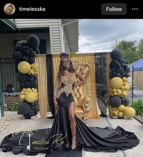 Black Prom Dresses Gold, Gold And Black African Dress, Gold And Black Dress Prom, Senior Prom Send Off Ideas, Black And Gold Masquerade Dress, Black And Gold Prom Dresses, Gold And Black Prom Dress, Prom Send Off Ideas Decorations, Gold And Black Prom