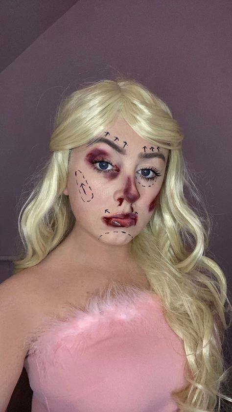 Botched Barbie, Barbie Halloween Makeup, Barbie For Halloween, Surgery Makeup, Makeup Inspired, Barbie Halloween, Halloween Makeup, Surgery, Halloween Face