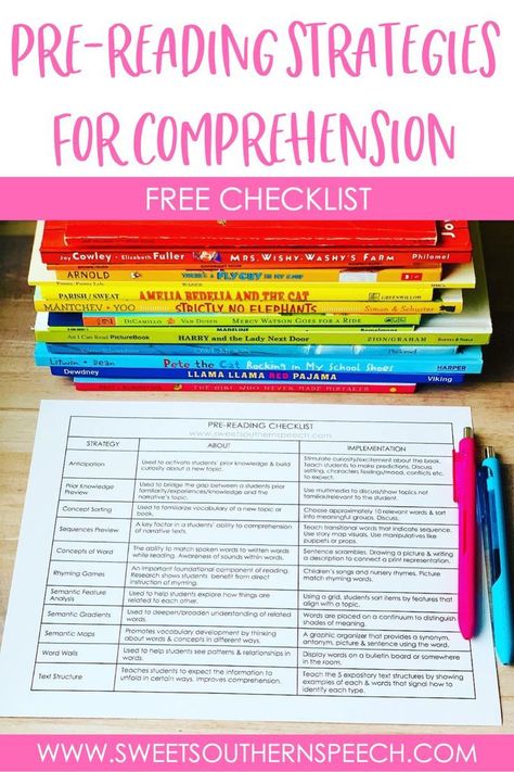 Education: FREE checklist for pre-reading strategies to impro... Word Building Activities, Improve Reading Comprehension, Pre Reading Activities, Vocabulary Instruction, Reading Comprehension Strategies, Reading Specialist, Expressive Language, Free Checklist, Comprehension Strategies