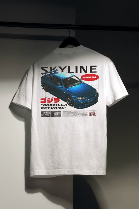 🏁 Inspired by the iconic Nissan Skyline R34, this shirt is crafted from premium quality 100% cotton, ensuring both comfort and style in every wear.  The front of the shirt proudly features the unmistakable GTR logo, symbolizing power, performance, and precision engineering synonymous with the Skyline series. Turn heads with the back design showcasing the legendary R34 Nissan Skyline.  nissan r34 shirt, sustainable fashion, eco-friendly tee, unisex t-shirt, classic fit crewnec, all-season wear, automotive appare, soft us cotton shirt, ethically made tee, vintage car t-shirt, nissan skyline, nissan gtr, r34 Gtr 34 Nissan Skyline, Car T Shirt Design, Gtr Logo, Gifts For Car Guys, Skyline Nissan, Car Clothing, Design For Birthday, Nissan Skyline R34, Skyline R34