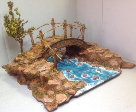 Miniature Bridge, Christmas Nativity Scene Diy, Nativity Scene Diy, Popsicle Stick Crafts House, Fairy Garden Flowers, Fairy House Crafts, Baby Play Activities, Easy Love Drawings, Spooky Town