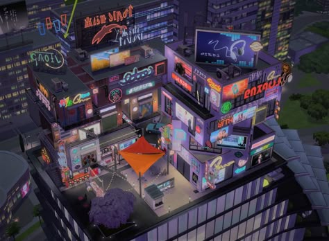 The Sims 4 Cyberpunk City Sims 4 Chinatown, Sims 4 Cyberpunk House, Sims Futuristic House, Cyberpunk City Layout, Bloxburg Cyberpunk City, Sims 4 Cyberpunk Build, Sims Cyberpunk, Sims 4 Cc Cyberpunk, Sims 4 Futuristic Cc