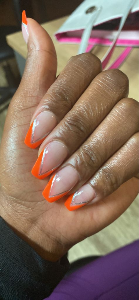 Orange Chrome French Tip Nails, Orange Prom Nails, Prom Hair Up, Triangle Nails, Hoco Nails, Nails Orange, Homecoming Nails Acrylic, Tip Nails, Homecoming Nails