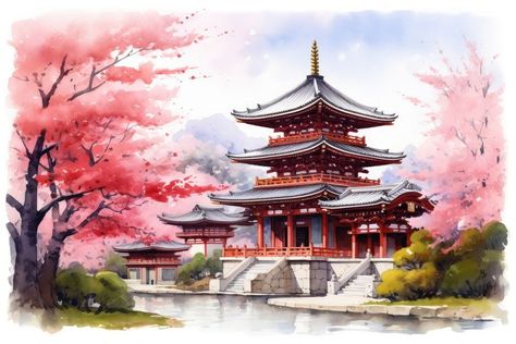 Temple architecture building pagoda. AI generated Image by rawpixel. | free image by rawpixel.com / Nunny Watercolor Japanese, Tokyo Temple, Chinese Painting Flowers, Pagoda Temple, Japanese Pagoda, Sensoji Temple, Temple Pictures, Asian Architecture, Temple Architecture