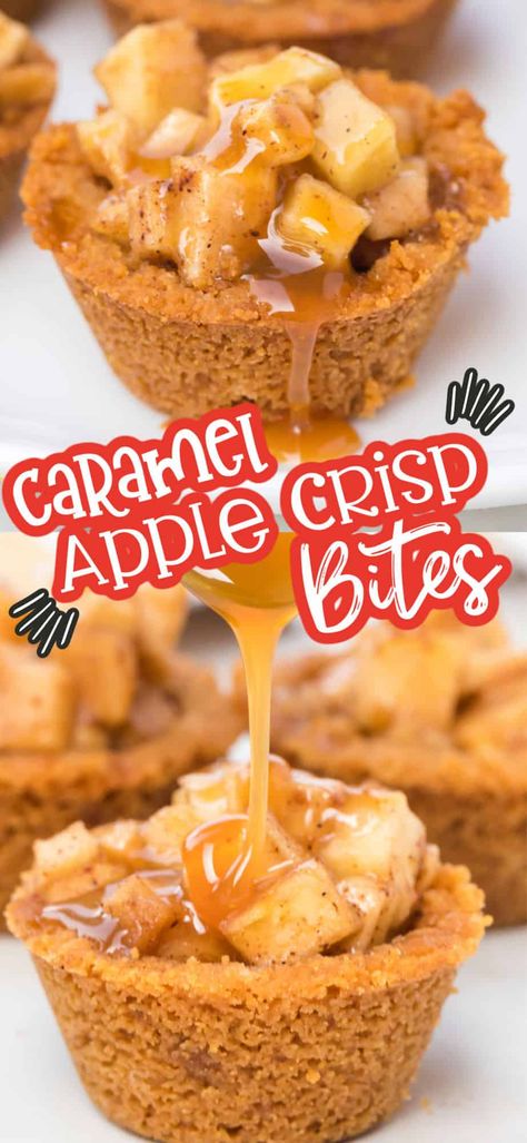 Caramel Apple Crisp Bites - A mini apple pie in a bite-size dessert Eyfs Cooking, Princess Pinky Girl Recipes, Angel Desserts, Apple Crisp Bites, Cookie Tarts, Apple Crisp Pie, Graham Cracker Crust Recipe, Caramel Apple Crisp, Homemade Graham Cracker Crust