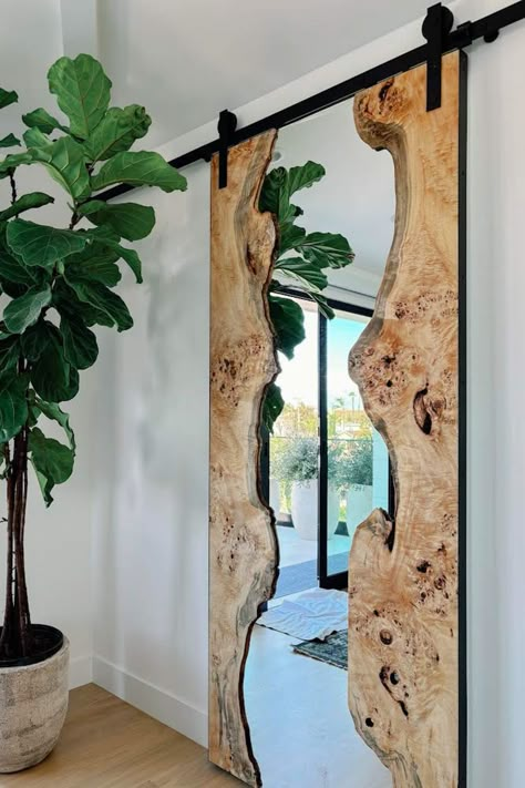 So long basic barn doors, hello functional pieces of art! 👋   Redefined Woodworking Co. crafted this amazing live edge mappa burl sliding door that incorporates a mirror! It brings an incredibly unique element to this space! Live Edge Barn Door, Live Edge Door, Live Edge Cabinet, Modern Sliding Barn Door, Sliding Wood Doors, Rubio Monocoat, Earthship, Burl Wood, Reno Ideas