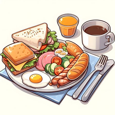 English Breakfast Illustration, Breakfast Cartoon, Breakfast Clipart, Cute Cartoon Food, Japanese Food Illustration, Food Sketch, Food Artwork, Food Cartoon, Food Clipart