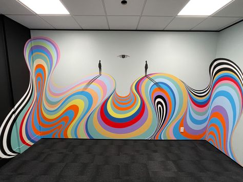 Work Mural Ideas, Funky Bedroom Wall Paint Ideas, Art Murals School, Cool Wall Murals Painted, Trippy Wall Mural, Gina Kiel, Abstract Murals, Ruangan Studio, Abstract Mural