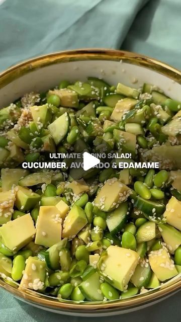 @betterme_meal_plans on Instagram: "You asked, I shared! 🙌 Make sure to SAVE this ultimate spring salad recipe!🥗

Ingredients:
3 fresh cucumbers
1 cup shelled edamame
1 ripe avocado
½ cup spring onion
2 tbsp. sesame seeds

For the dressing:
3 tbsp. avocado or grapeseed oil
3 tbsp. rice vinegar
2 tsp. soy sauce
2 tbsp. toasted sesame oil
1 ½ tsp. freshly grated ginger
1 garlic clove, grated or minced

Wash, cut, chop, toss, enjoy! 😉" Cucumber Edamame Salad, Shelled Edamame, Toasted Sesame Oil, Edamame Salad, Spring Salad Recipes, Garlic Clove, Spring Salad, Ripe Avocado, Recipe Ingredients