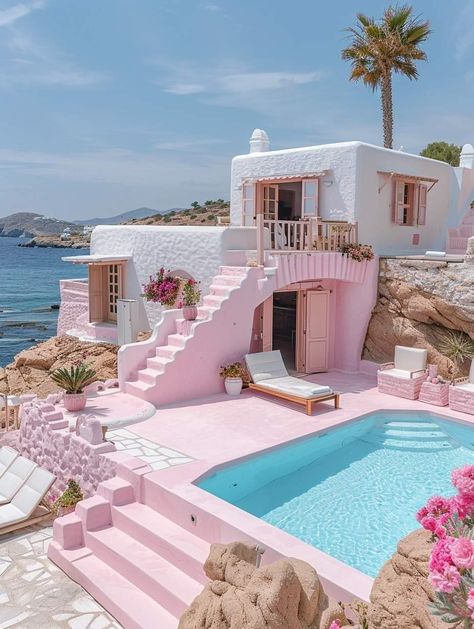 Pink Beach Cottage, Pink Beach House Aesthetic, Pink Architecture Aesthetic, Fancy Buildings, Barbie Mansion, Pink Beach House, Beachside House, Dream Backyards, Beachy House