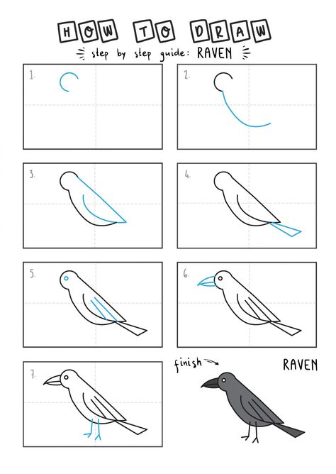 How To Draw RAVEN BLACK BIRD STEP By Step For Kids Easy Illustration Doodle Drawing GUIDE ANIMAL (2) Black Bird Drawing, Crow Doodle Easy, How To Draw A Crow Step By Step Easy, Raven Doodle, How To Draw Crow, Crow Drawing Easy, How To Draw A Raven, Crow Drawing Simple, Crow Doodle