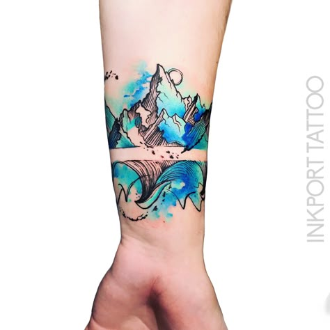 Tattoos Pulseras, John Tattoo, Watercolor Mountains Tattoo, Alaska Tattoo, Art Yarn Weaving, Wave Tattoo, Elements Tattoo, Bff Tattoos, Arm Band Tattoo