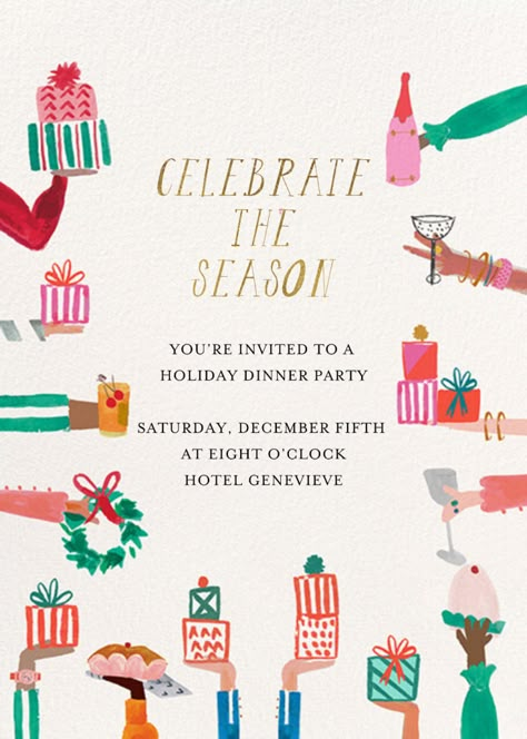 Gifts and Glasses | Send online instantly | RSVP tracking Online Party Invitations, Holiday Party Invitation, Holiday Dinner Party, Family Christmas Party, Christmas Flyer, Paperless Post, Christmas Menu, 12 December, Christmas Inspo