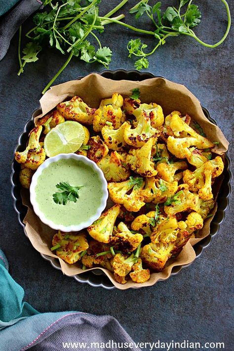 Curry Roasted Cauliflower - Madhu's Everyday Indian Jalapeno Chutney, Chemo Recipes, Curry Roasted Cauliflower, Indian Cauliflower, Curry Cauliflower, Cauliflower Side Dish, Curried Cauliflower, Spiced Cauliflower, Vegetarian Foods