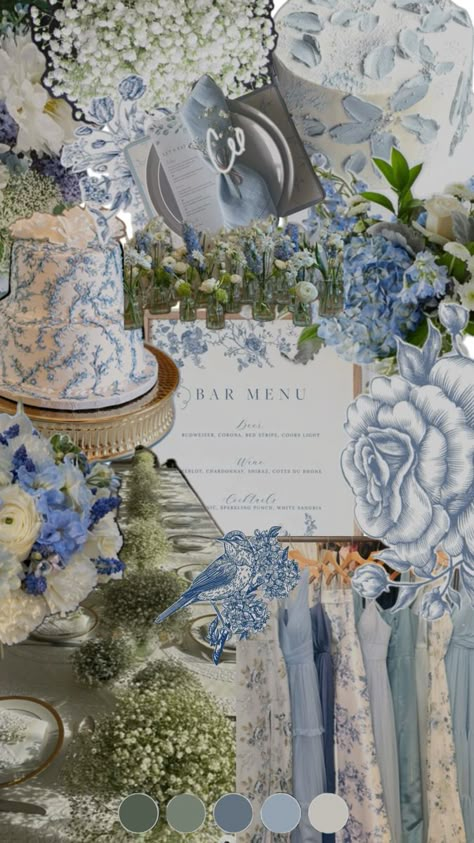 Sky Blue And Grey Wedding, Wedding Blue And White Theme, French Blue Garden Wedding, French Toile Baby Shower Ideas, Bridgerton Blue Wedding, Cornflower Blue Wedding Theme, Blue Garden Wedding Theme, Vintage Blue Wedding Theme, Blue Fall Wedding Theme