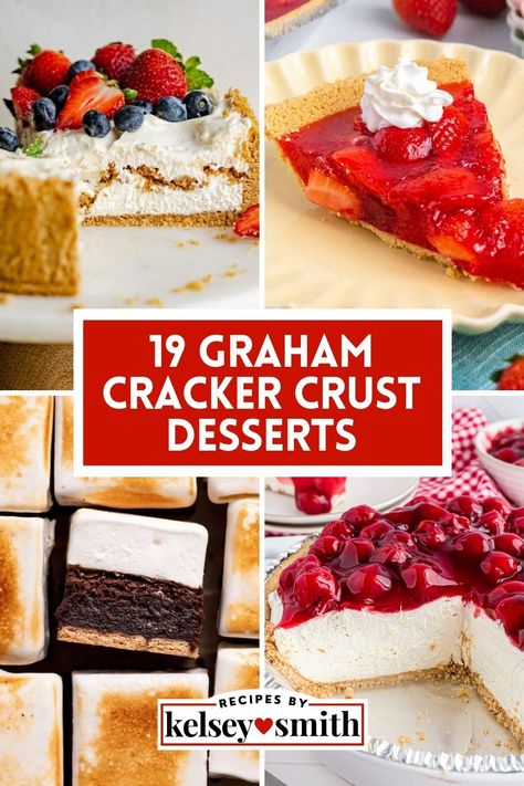 Collage of four desserts with graham cracker crust Recipes Using Graham Cracker Crust, Graham Cracker Crust No Bake, Desserts Layered, Graham Wafer Crust, Graham Cracker Crust Dessert, Graham Cracker Crust Pie Recipes, Graham Cracker Crust Cheesecake, Graham Dessert, Baked Graham Cracker Crust