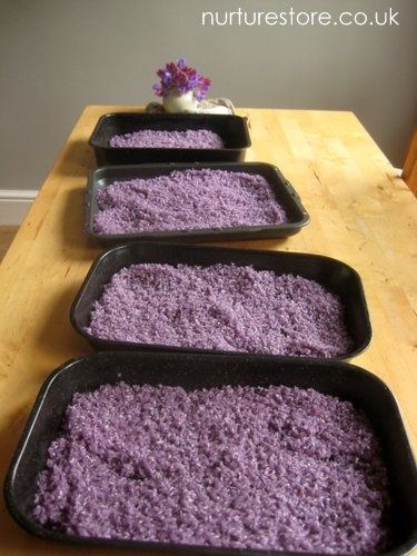 Bedtime rice sensory tub – Lavender scented rice helps kids calm down. Could also be used in my counseling office. Rice Sock, Lavender Rice, Dyed Rice, Sensory Tubs, Sensory Tub, Preschool Sensory, Counseling Office, Sensory Ideas, Sensory Table