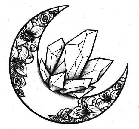 Moon With Crystals Tattoo, Crystal Tattoo Design Drawings, Moon And Crystals Drawing, Wicca Art Drawing, Moon And Crystal Tattoo, Crystal Drawing Ideas, Moon Geometric Tattoo, Moon Crystal Tattoo, Crystal Tattoo Design