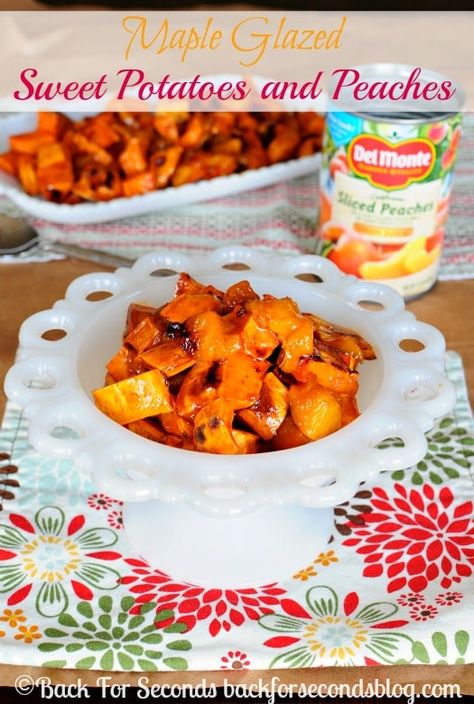 These Maple Glazed Sweet Potatoes and Peaches taste like candy but they're actually healthy!! They make a perfect side dish for your holiday gatherings! Maple Glazed Sweet Potatoes, Cheesy Hash Brown Casserole, Glazed Sweet Potatoes, Lenten Recipes, Holiday Side Dish, Holiday Side, Peach Juice, Maple Glaze, Peach Recipe