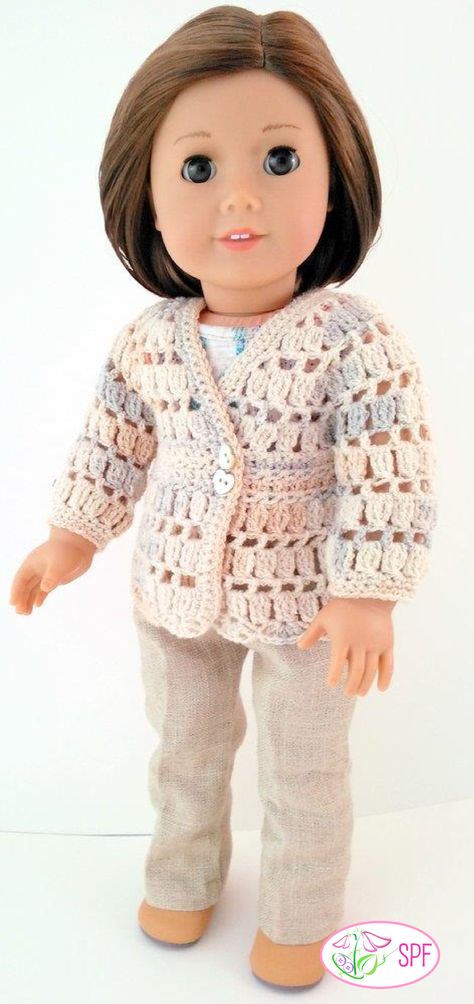 Erin's Cardigan Variations Crochet Pattern Cardigan With Holes, Crochet Doll Clothes Patterns, American Girl Crochet, Beau Crochet, Girls Clothes Patterns, Baby Doll Pattern, American Girl Doll Clothes Patterns, Crochet Doll Clothes