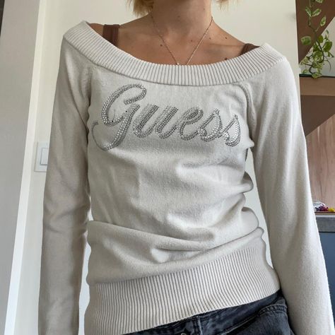 Vintage sparkly Guess logo off the shoulder sweater.... - Depop Guess Sweater, Guess Logo, Off The Shoulder Sweater, Sweater Vintage, Shoulder Sweater, Off The Shoulder, Lookbook, Sparkle, ? Logo