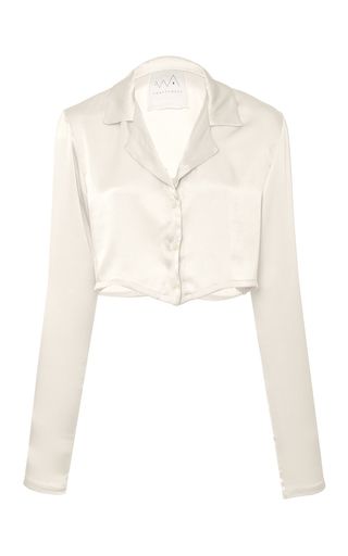 This **AWAVEAWAKE** Silk Button Down Top features a relaxed fit with a v neckline, notch lapel, long sleeves and cropped hem. Long Sleeve Silk Top, Silk Button Down, Silk Button Up Shirt, White Silk Top, V Neck Crop Top, Silk Crop Top, Silk Button Up, White Long Sleeve Top, White Long Sleeve Shirt