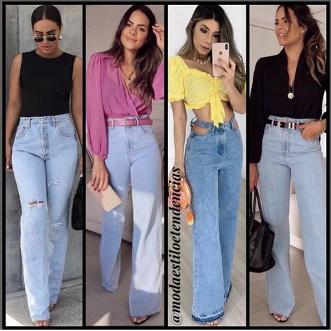 Look Jeans Claro, Casual Outfits Wide Leg Jeans, Outfit Jean Claro, Pantalon Wide Leg Outfit, Look Com Calça Wide Leg Jeans, Look Com Wide Leg Jeans, How To Style Wide Leg Jeans Casual, Outfit Jean Bleu, Outfits Wide Leg Jeans