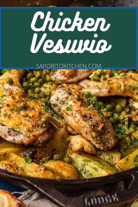 Classic chicago style chicken vesuvio made with roasted bone in chicken, yellow potatoes, peas and a lemon garlic wine sauce. This easy one skillet meal makes the best Sunday dinner! Bone In Chicken Breast Recipes, Chicken Vesuvio Recipe, Chicken Vesuvio, Garlic White Wine Sauce, Roasted Potato Wedges, Chicken Roasted, Bone In Chicken, Yellow Potatoes, One Skillet Meals