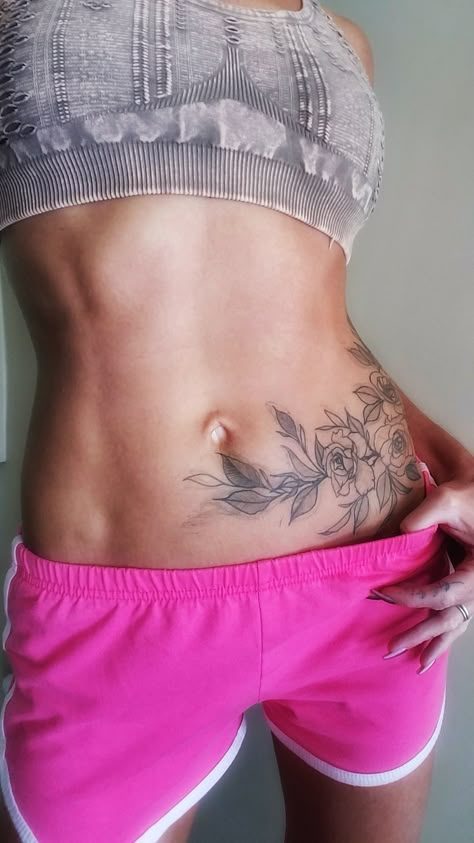 Lower Belly Hip Tattoo, Under Belly Button Tattoos For Women, Belly Button Scar Tattoo Cover Up, Thigh To Stomach Tattoo, Stomach Stretch Mark Tattoo, Full Belly Tattoo, Abdominal Tattoos Women Lower, Lower Stomach Tattoos For Women Cover Up, Tattoo Over Strechmark