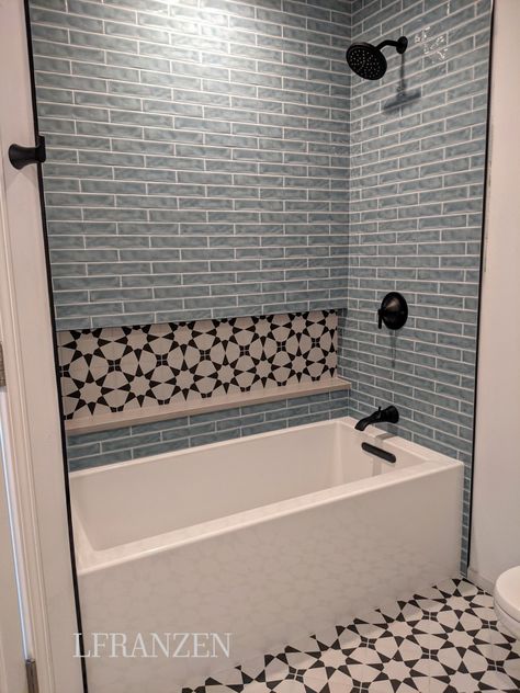 Tiny House Tub Shower Combo, Bathroom Tile With Tub Ideas, Tub With Tiled Walls, Tiny Bathroom With Tub And Shower Combo, Decorative Shower Tile Ideas, Redo Shower Tub Combo, Shower Tile Bathtub, Tile Shower Bath Combo, Tile Wall Bathtub