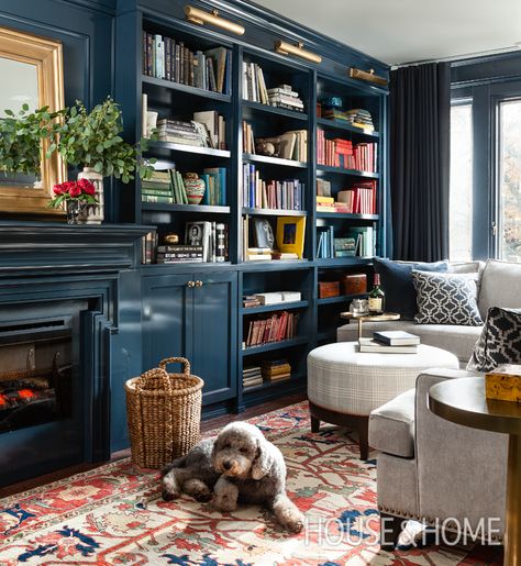 Norwegian Living Room Decor, Small Moody Library, Small Den Ideas With Tv, Small Home Library Design, Blue Library, Canadian House, Cozy Library, Library Study, Library Room